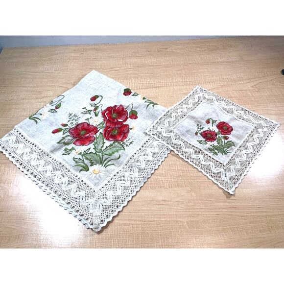 Embroidered Table Cloth And Matching Napkin Poppies Daisys And Lace - Picture 1 of 4